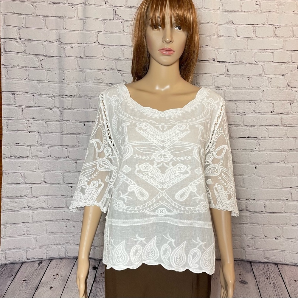 NWT New Amber Skies White Embroidered Boho Top Size XL